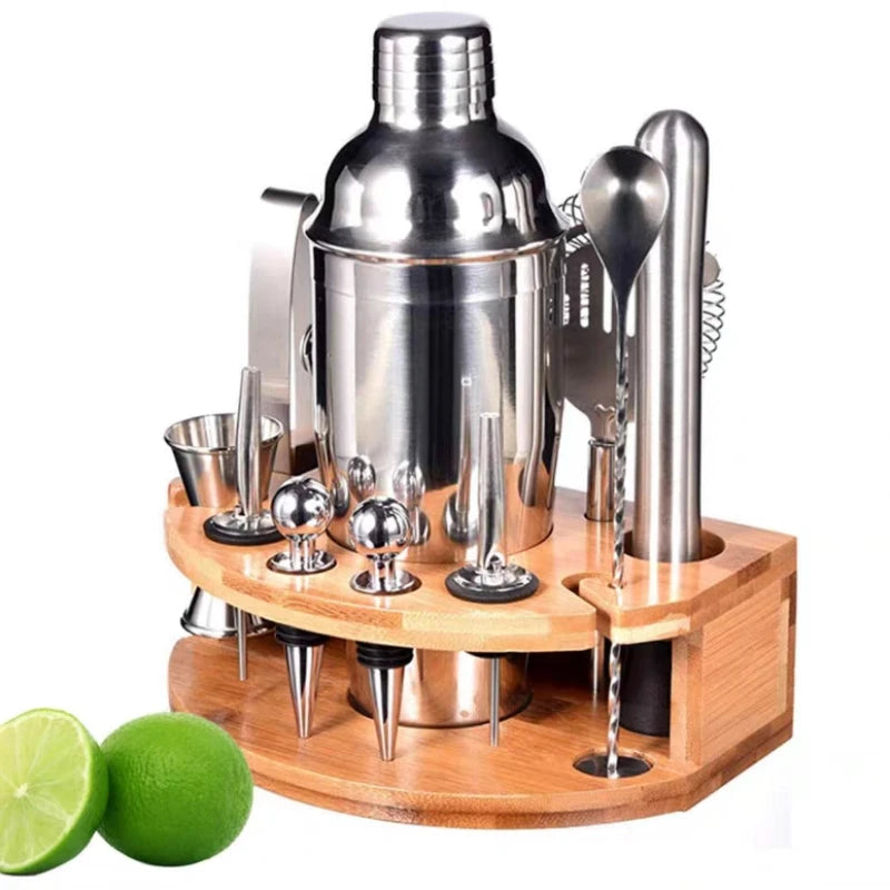 12-Piece Stainless Steel Cocktail Shaker Bartender Kit & Wooden Rack Cocktail Shaker Set HIP