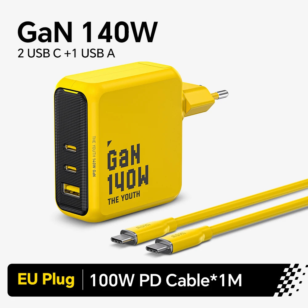 AOHI Youth 140W GaN 3-Port USB-C Fast Charger PD3.1 GaN USB-C Charger HIP EU 3 Ports Cable Set