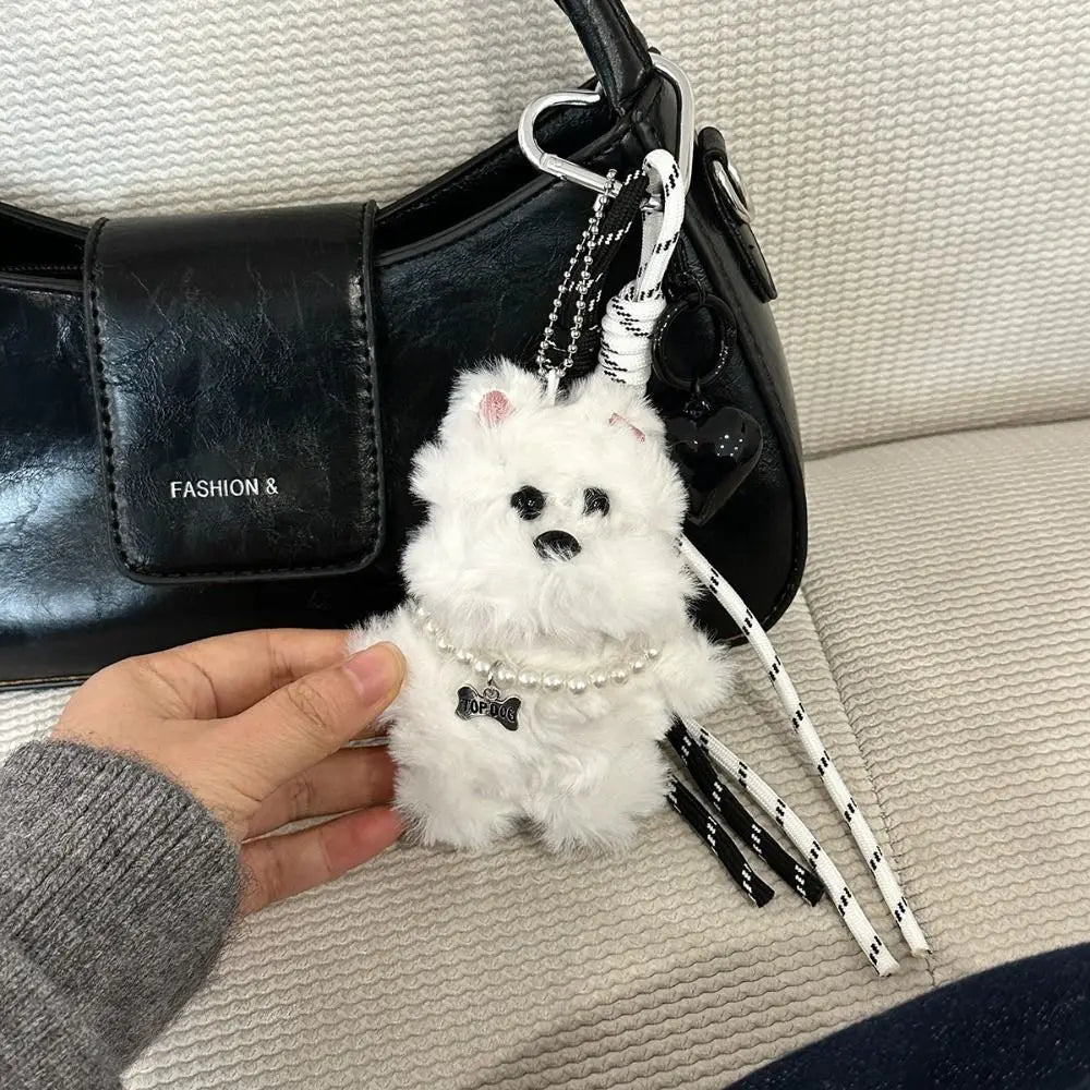 Plush Dog Bag Charm Keychain Pendant – Coffee & White Plush Bag Charm HIP