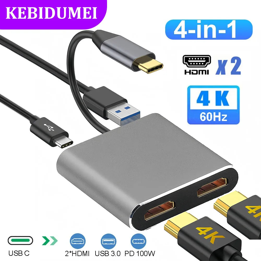 4-in-1 USB-C Hub – Dual HDMI 4K, USB 3.0 & 100W PD Charging USB-C Docking Station HIP