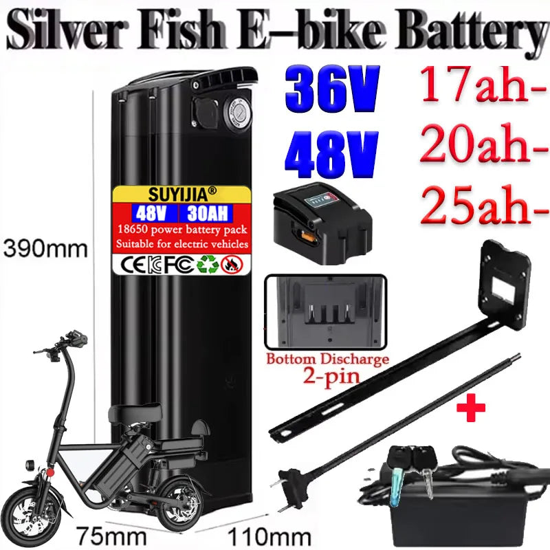 48V 36V Silverfish Li-Ion E-Bike Battery 25Ah + Charger E-Bike Battery Pack HIP