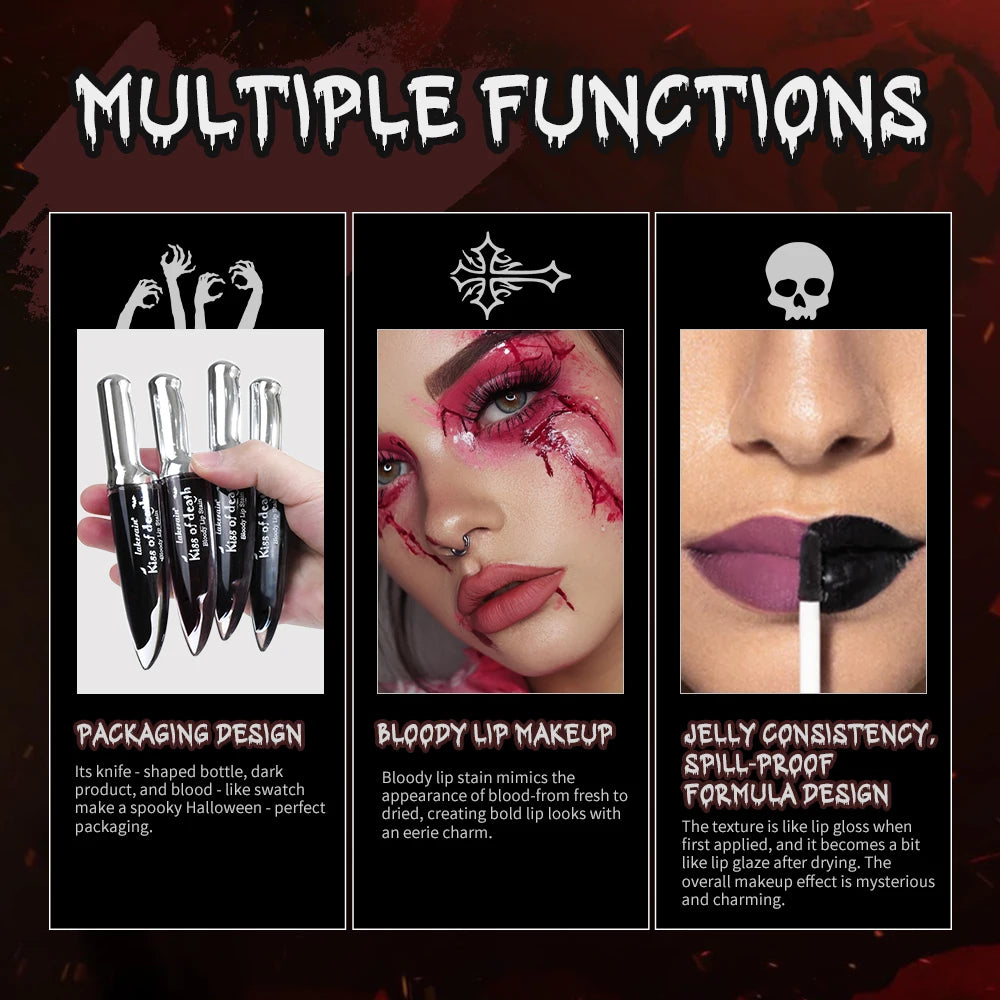 Lakerain 4pcs Kiss of Death Lip Stain Kit Blood-stained Lip Look Long Water Proof Matte DEVILS KISS WITCH'S CURSE Gothic Makeu HIP