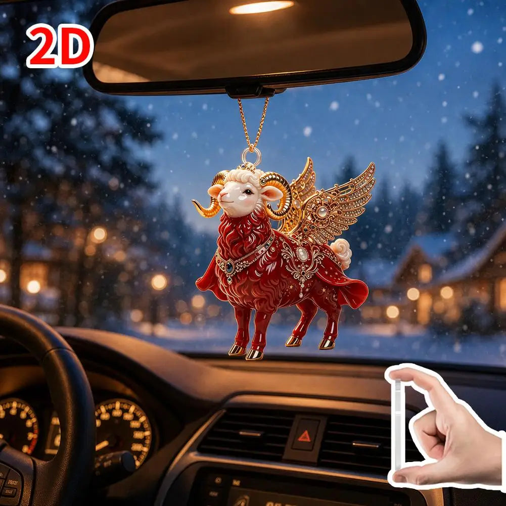 2D Flat Christmas Hanging Pendant Acrylic Red Gold Chinese Zodiac Goat Xmas Tree Hanging Ornament New Year Car Goat Pendant HIP