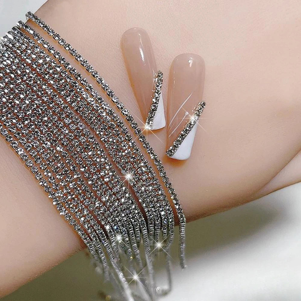 100cm Long Luxury Crystal Chain Nail Charms 1.5/2mm Shinying Clear/AB Diamond Nail Art Metal Steel French Manicure Crystal HIP