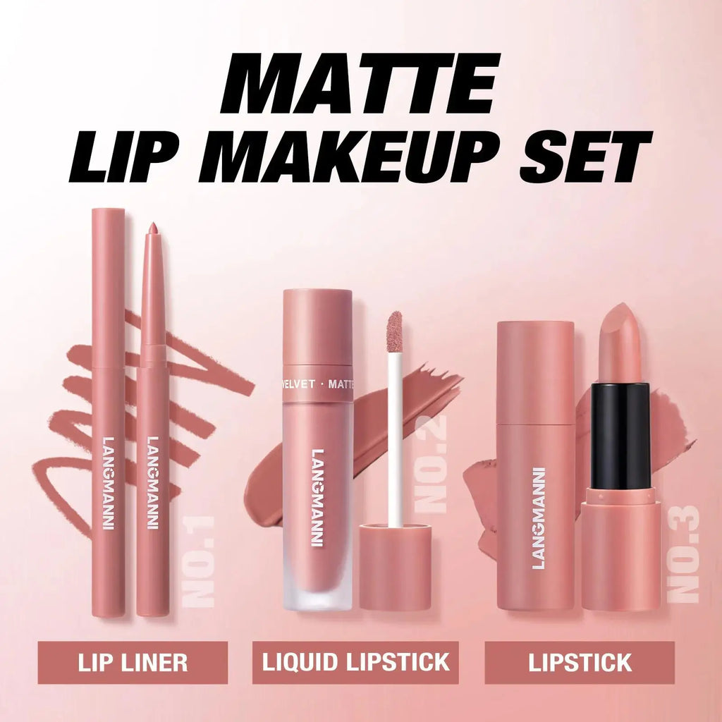 LANGMANNI 3-Pc Matte Liquid Lipstick & Lip Liner Kit Lip Makeup Kit HIP