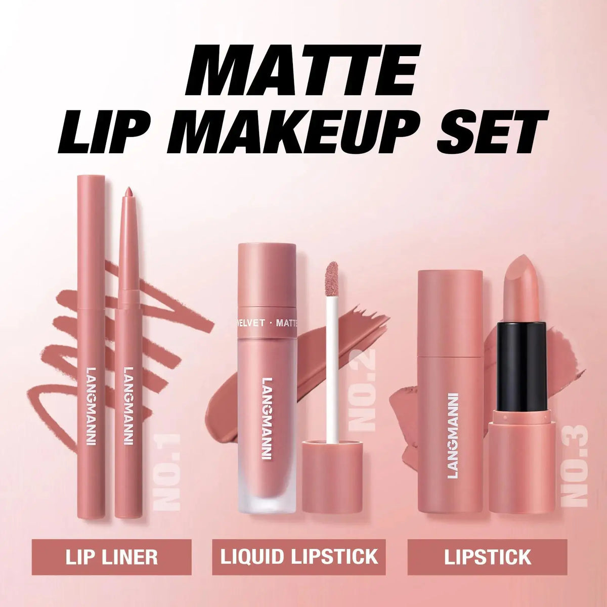 LANGMANNI 3-Pc Matte Liquid Lipstick & Lip Liner Kit Lip Makeup Kit HIP