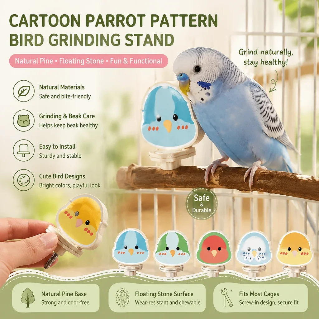 Cartoon Parrot Pattern Bird Platform Natural Pine Floating Stone Grinding Rack for Animal Totoro Squirrel Hamster Bracket Board HIP