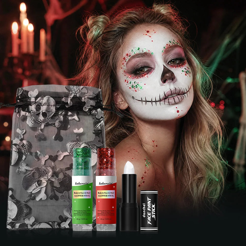 4pcs Halloween Stage Makeup Kit Red Green Sequins White Lipstick Equipped With Storage Pouch Cosplay Party Body Face Decorations HIP