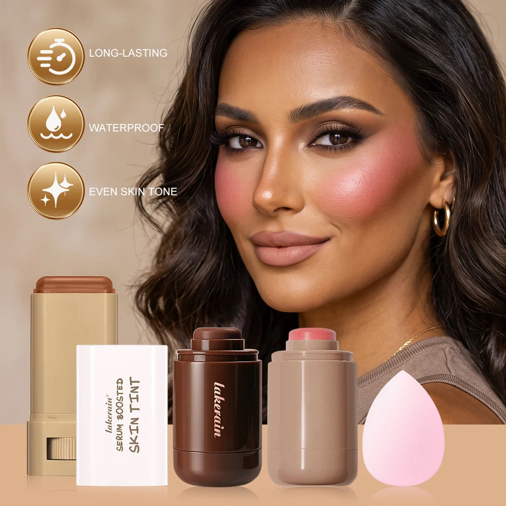 4pcs Face Makeup Set Waterproof Skin Tint Stick Foundation Blush Stick Contour Stick Skin Tint Balm With Beauty Sponge Cosmetics HIP