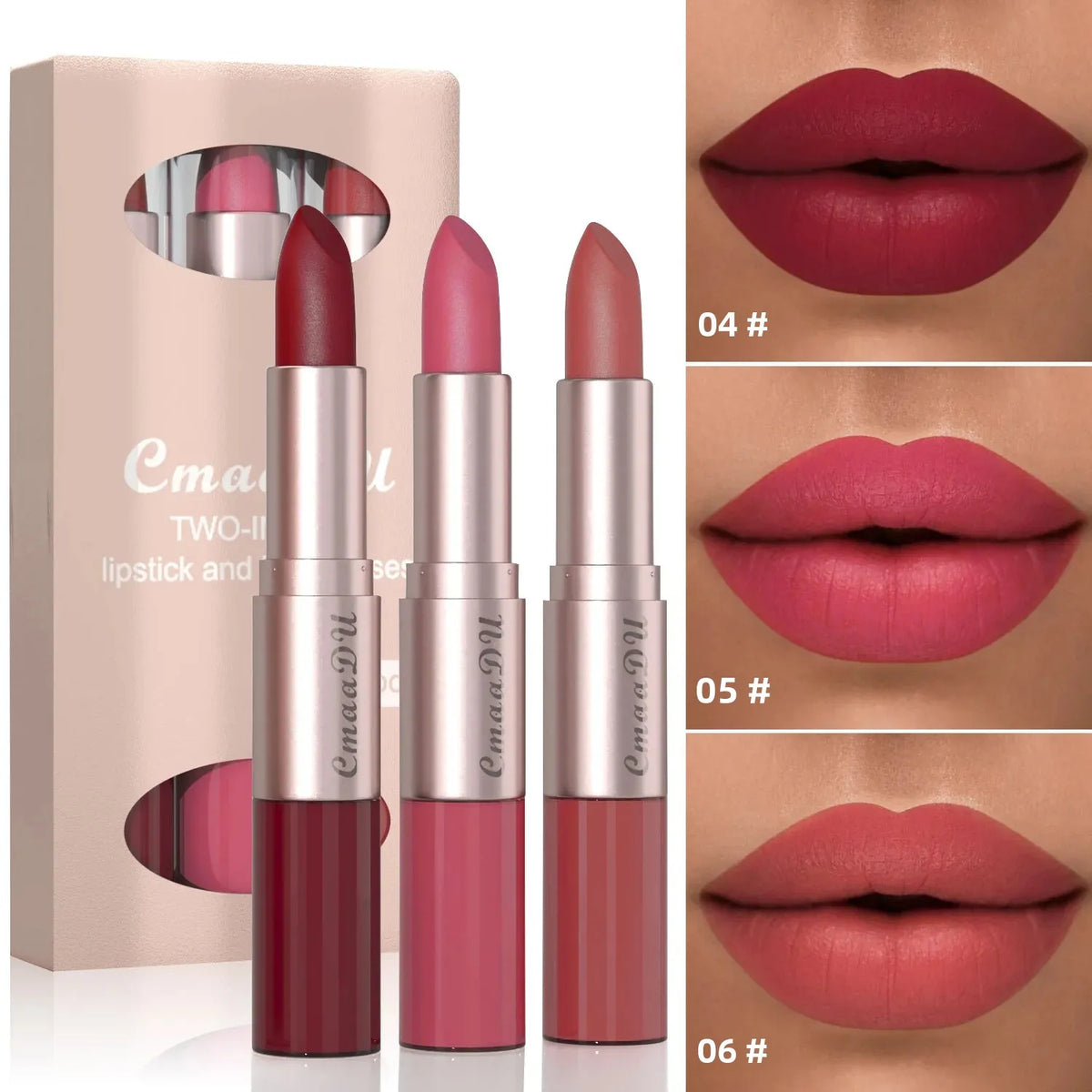 CmaaDu 3-Pc Double-Ended Matte Lipstick & Lip Gloss Set Lip Makeup Set HIP