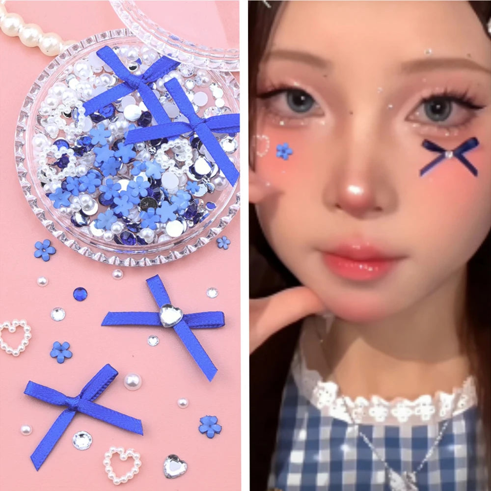 1 Box Sweet Face Jewelry Decoration Rhinestone 3D Bow Love Crystal Diamond Pearl Safe Nail Hair Accessories Festival Face Makeup HIP