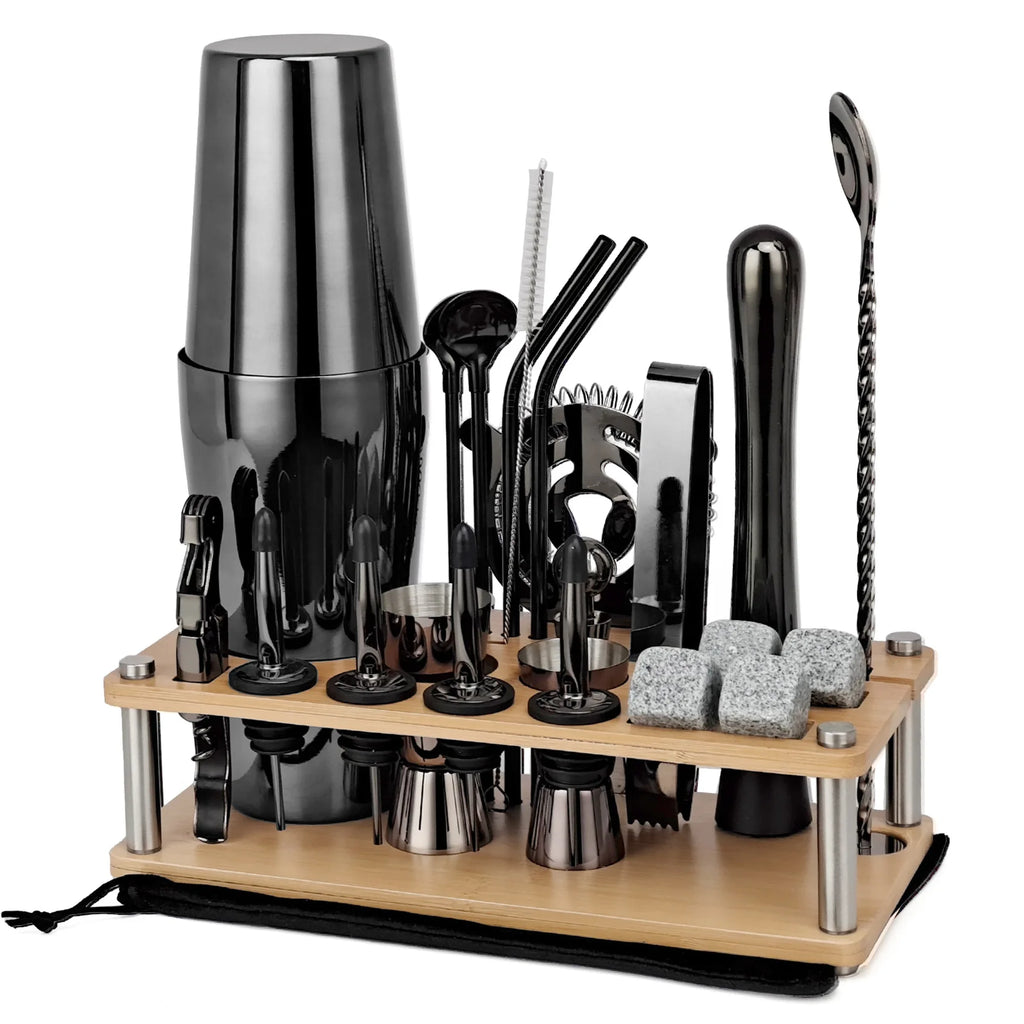 Cocktail Shaker Set with Wooden Stand Rack – Complete Barware Cocktail Shaker Set HIP