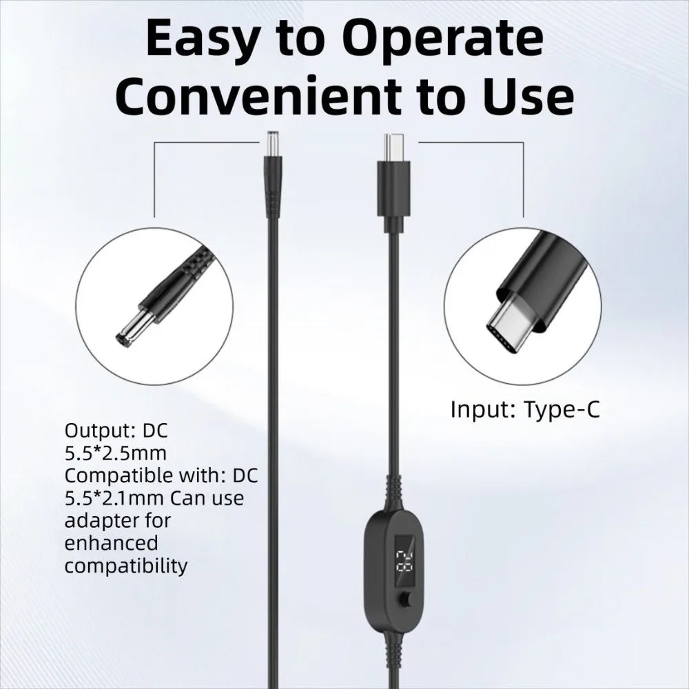 USB-C to DC Adapter Cable – 5V–20V Adjustable & Digital Display USB-C Power Adapter HIP