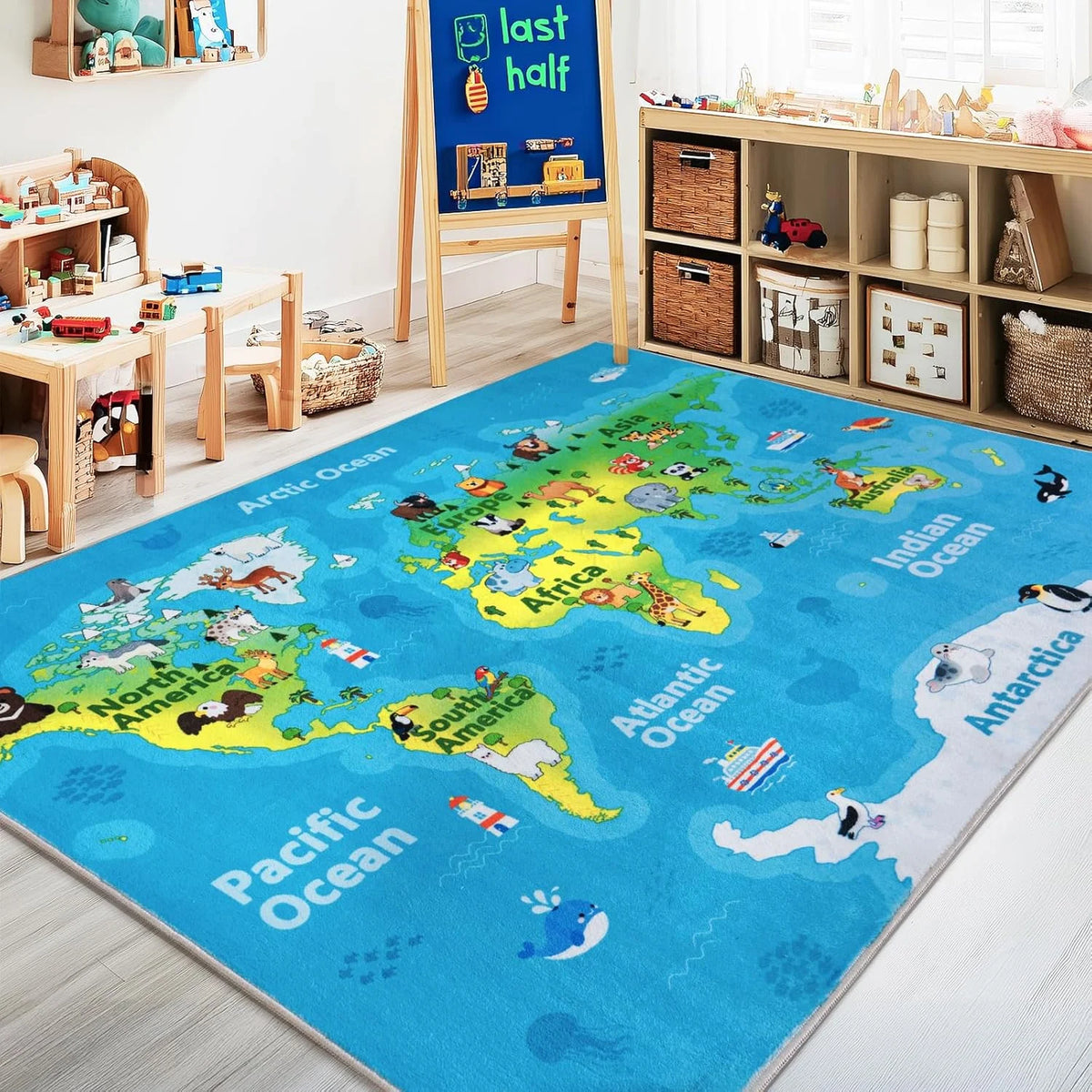 Kids World Map Play Rug – Cartoon Animals & Non-Slip Mat Kids Play Rug HIP