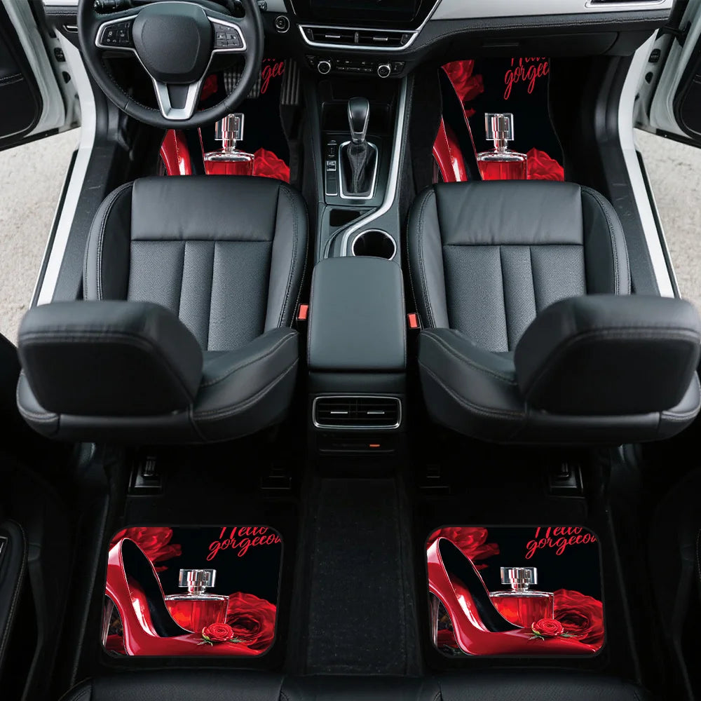 4-Piece Red High Heel Rose Pattern Car Floor Mats | HIP Car Floor Mat Set HIP