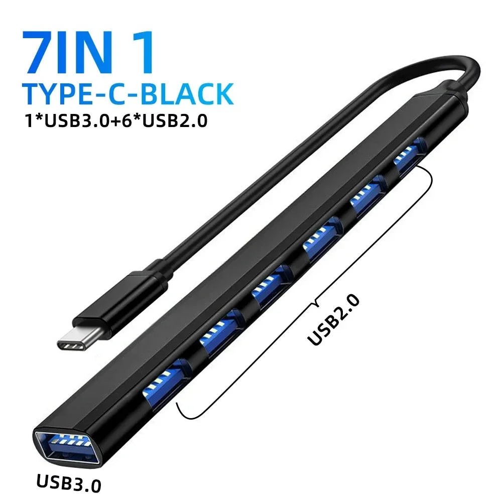 KEBIDUMEI 7-Port USB 3.0 Hub – 5Gbps SuperSpeed Splitter USB Hub Splitter HIP Black TYPE-C