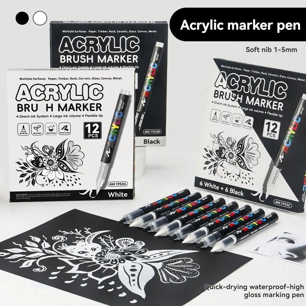 12-Pc Black & White Acrylic Paint Markers – Waterproof DIY Set Acrylic Paint Markers HIP