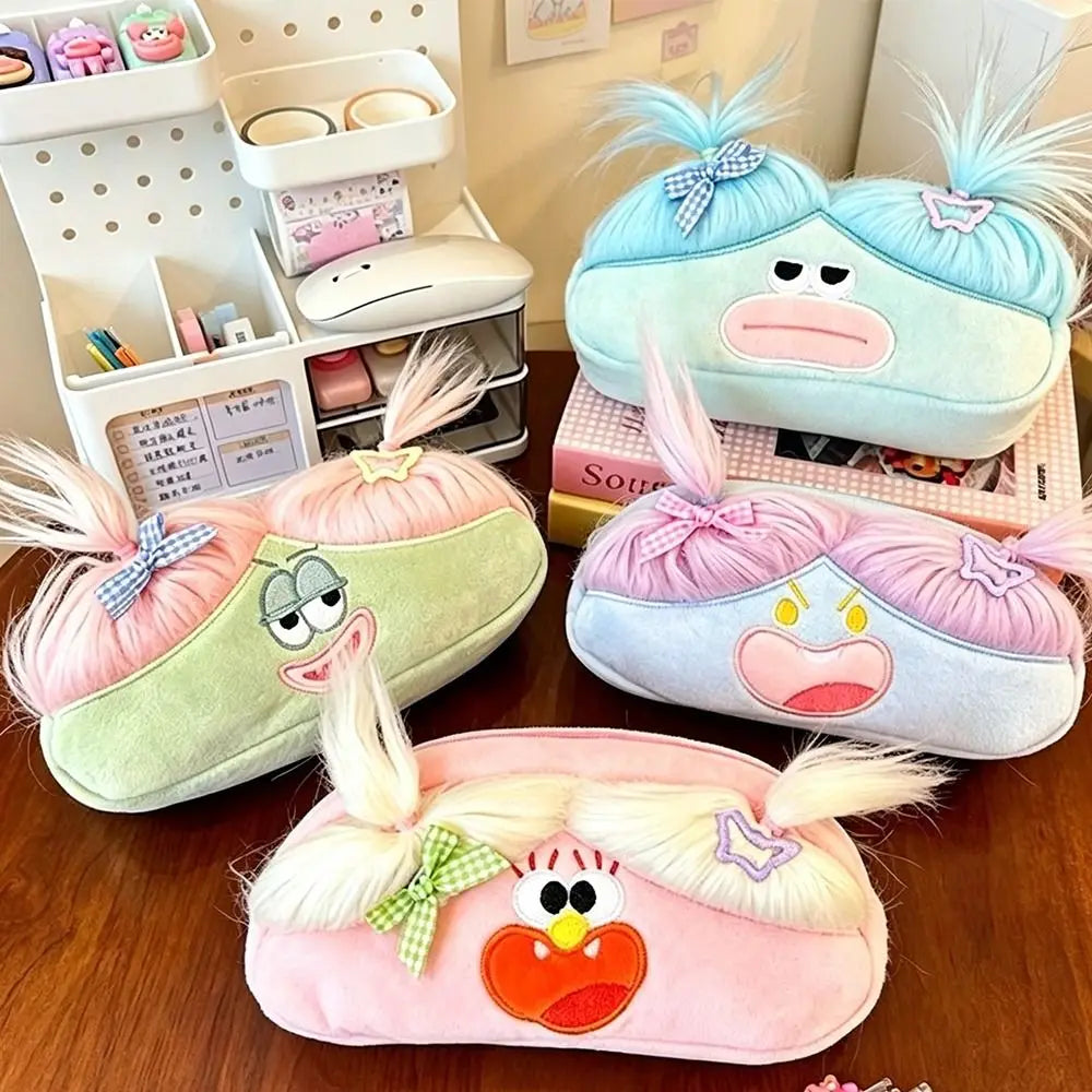 Cute Ugly Plush Pencil Case with Ponytail – Cartoon Pouch Plush Pencil Case HIP