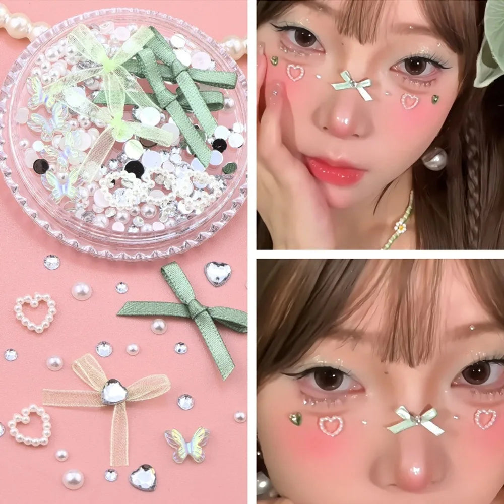 1 Box Sweet Face Jewelry Decoration Rhinestone 3D Bow Love Crystal Diamond Pearl Safe Nail Hair Accessories Festival Face Makeup HIP 154