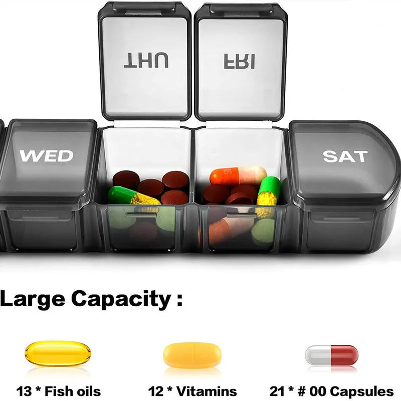 New Premium Portable Weekly Pill Cases 7 Day 7 Grids Pill Organizer Storage Box Container Travel for Medicine Vitamins Fish Oils HIP