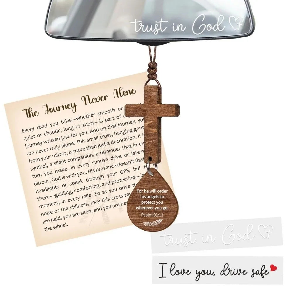 Wood Cross Car Mirror Pendant – Bible Verse Charm Ornament Car Mirror Ornament HIP Angels
