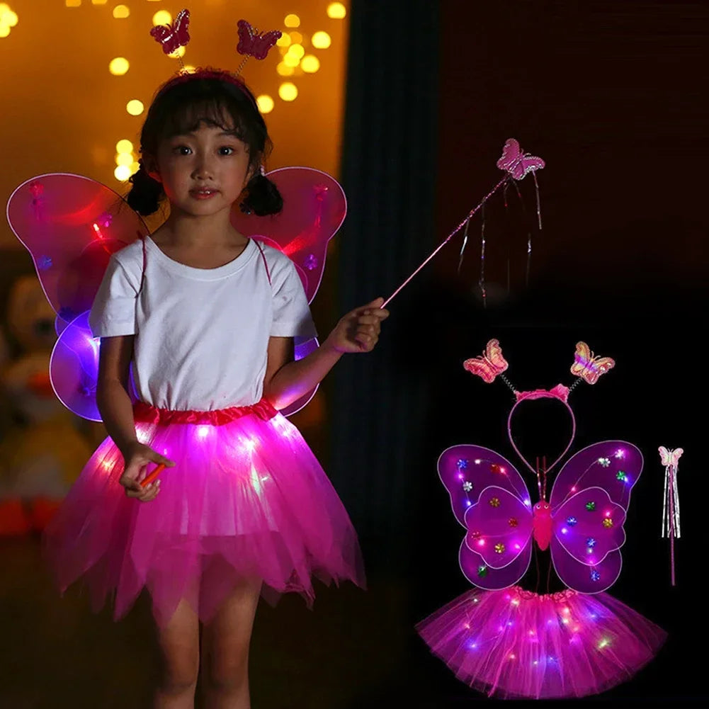 3/4Pcs/Set Double Layers Girls Led Flashing Light Fairy Butterfly Wing Wand Headband Costume Toy Gift Halloween Decoration HIP