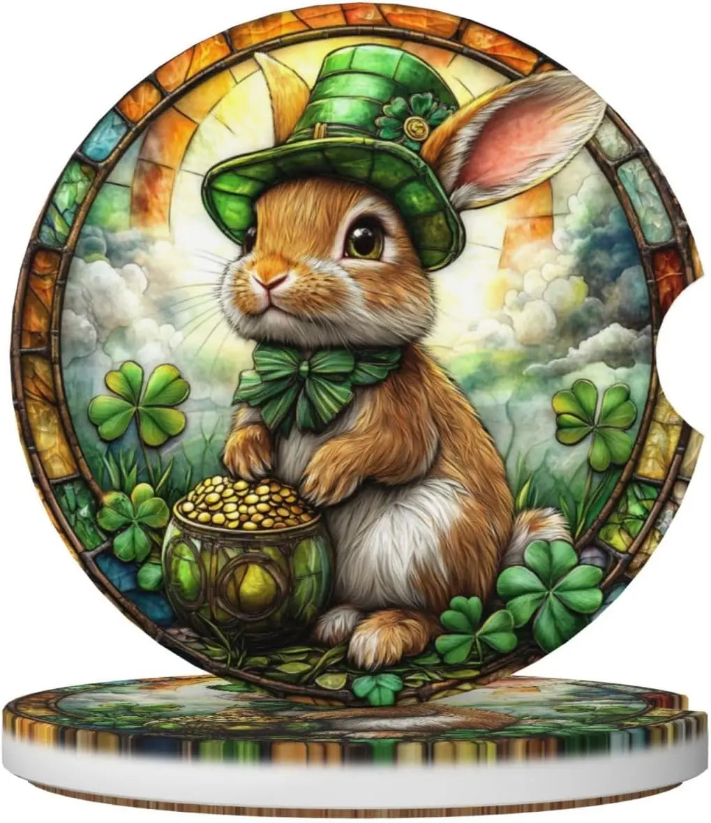 St. Patrick's Day Rabbit Ceramic Car Coasters – 2-Pack Ceramic Car Coasters HIP Color-1 Other