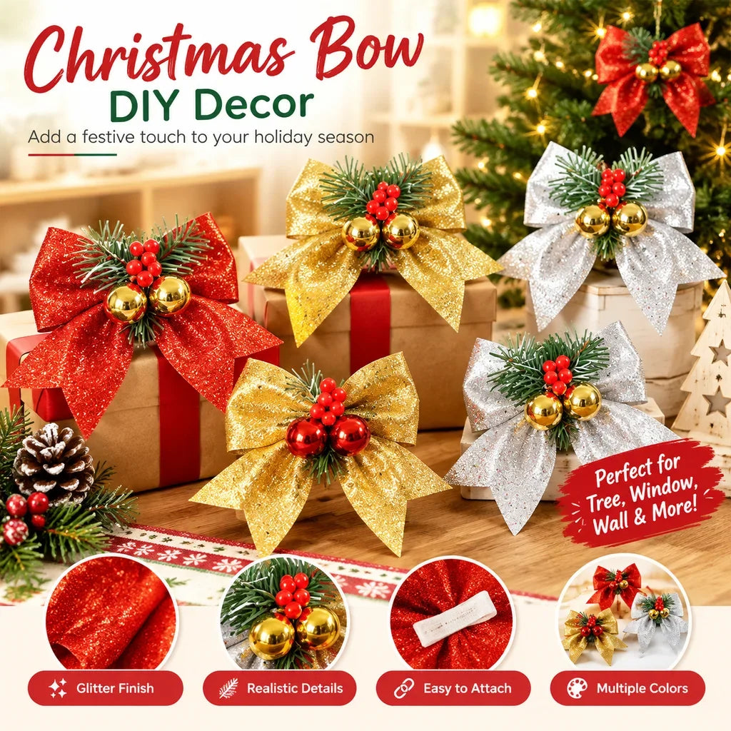 Christmas Bow DIY Decor Gold Red Glitter For Xmas Tree Classroom Window Wall Decoration Supplies HIP