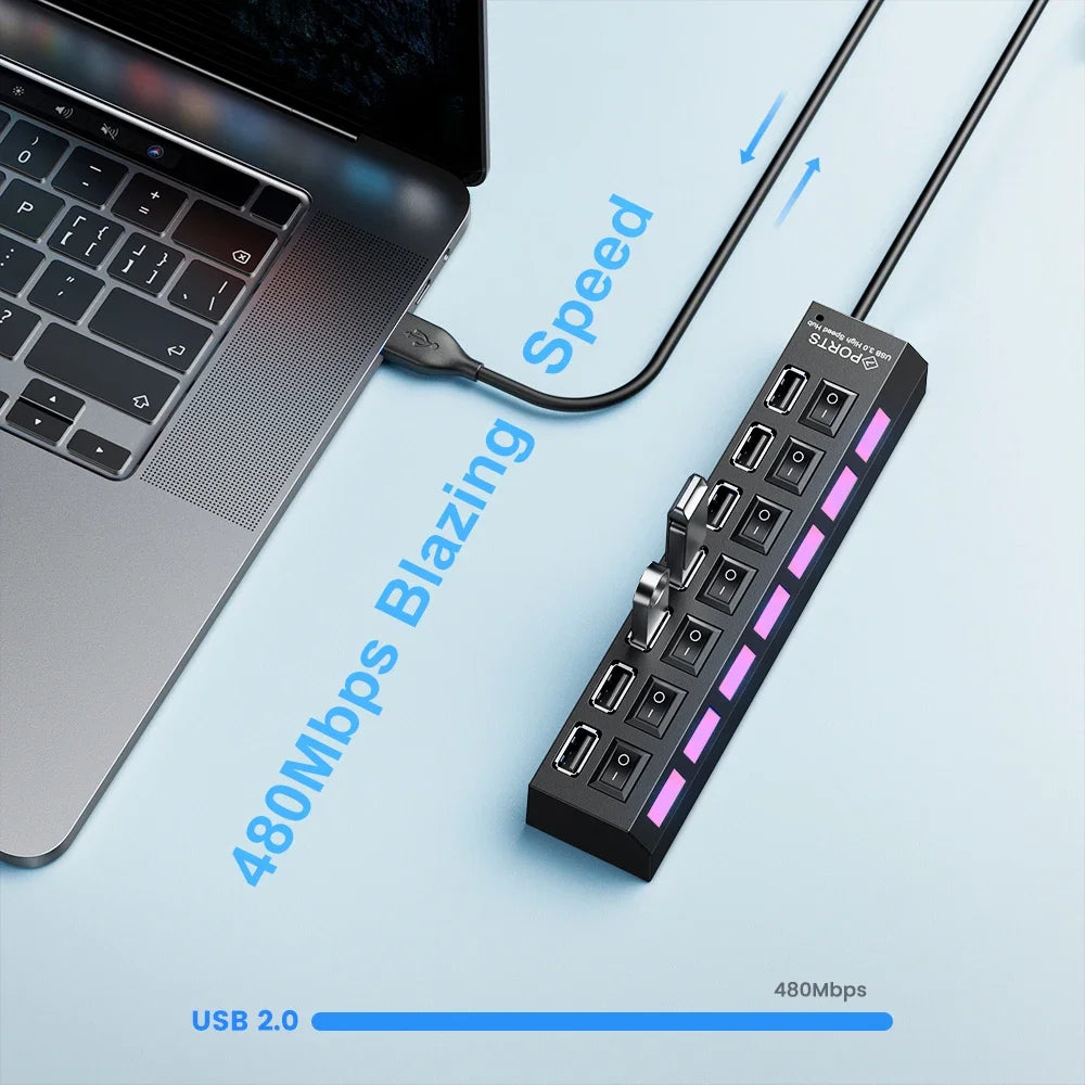 KEBIDUMEI 7-Port USB 2.0 Hub with Individual ON/OFF Switches USB Hub Splitter HIP