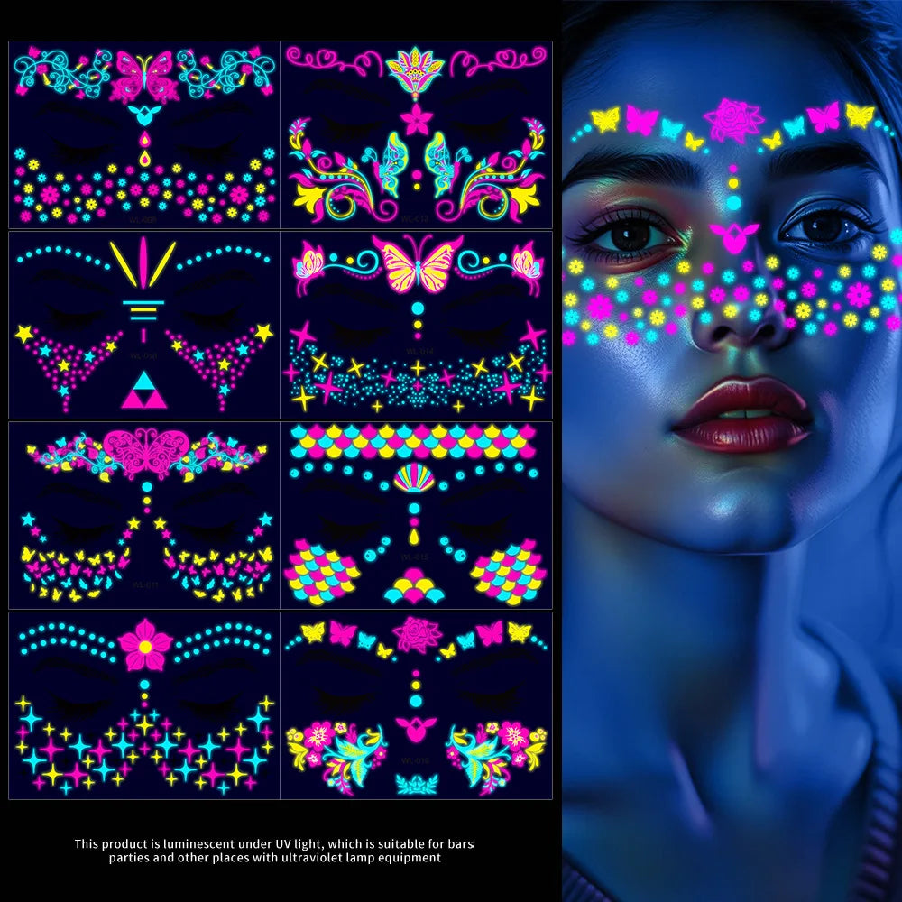 12/24pcs Luminous Temporary Tattoos Stickers UV Neon Fluorescent Glow in the Dark For Body Face Tattoo Stickers Party Accessorie HIP