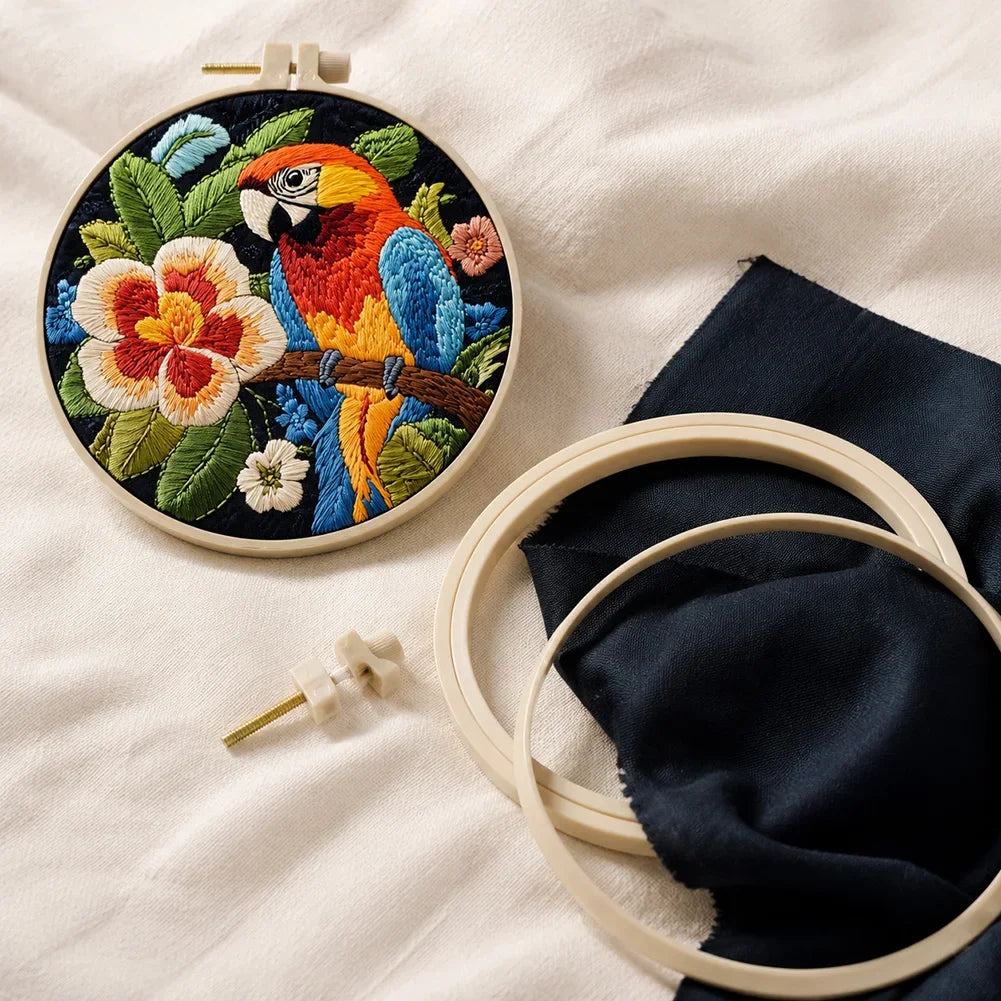 DIY Parrot Embroidery Set Embroidery Supplies with 15cm Bamboo Ring Animal Sewing Hobby Butterfly Bird Bee Adult Beginner Gift HIP