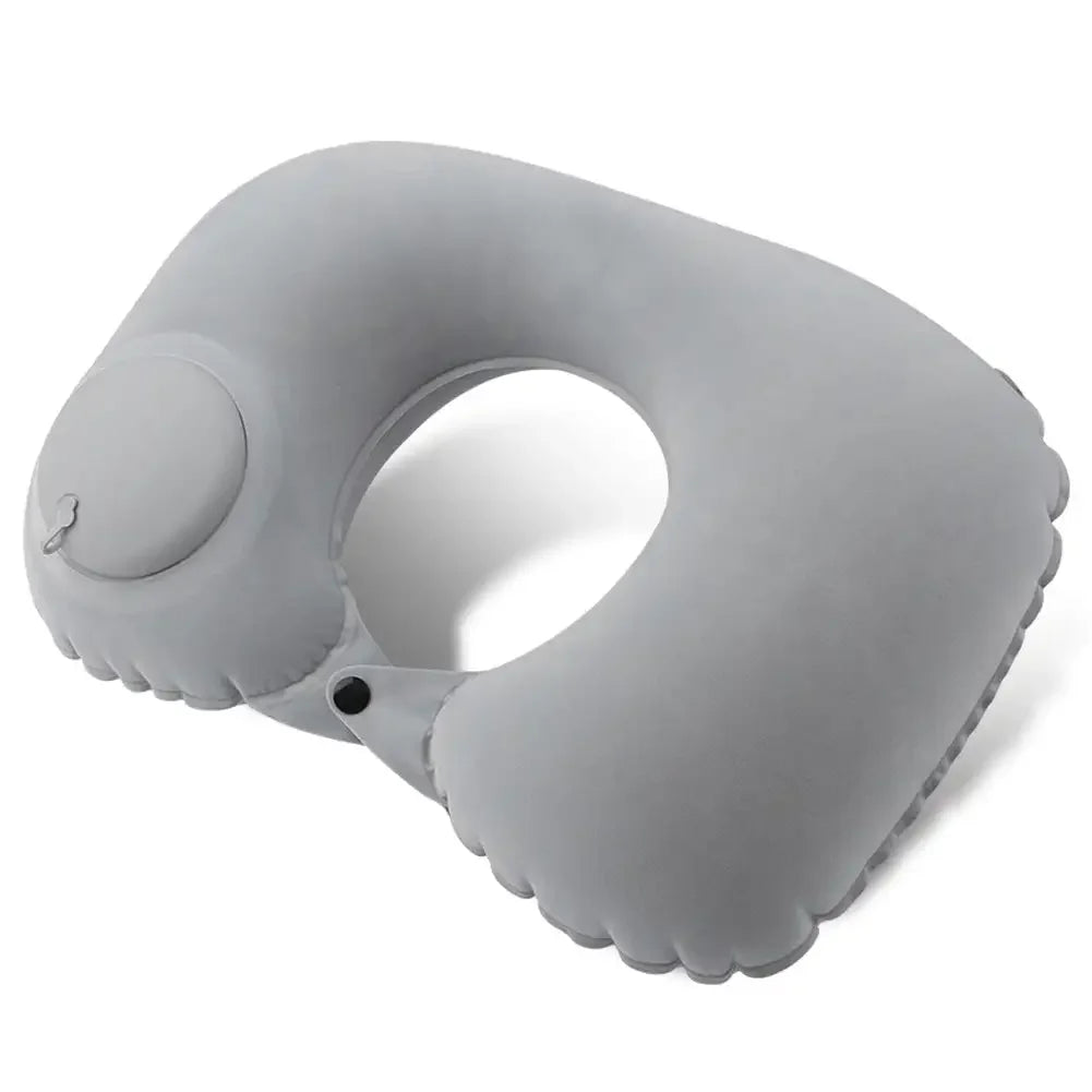 U Shape Neck Cushion Automatic Air Inflatable Pillow Compress Ring Pillow For Airplane Car Outdoor Travel Flocking Milk Fiber HIP Light Gray-Flocking