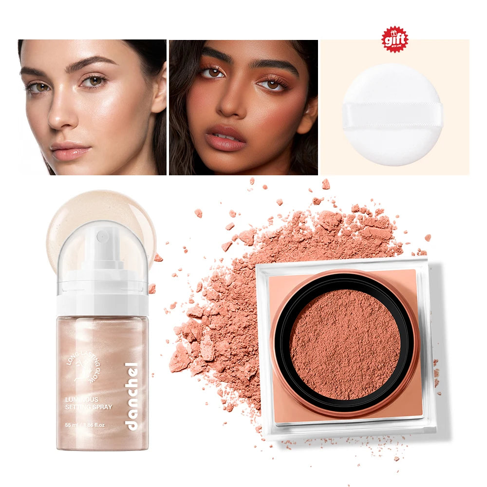 3pcs Luminous Setting Spray & Matte Setting powder Shimmery Liquid Long Lasting Multi-use Setting Makeup Kit Free Puff HIP set4