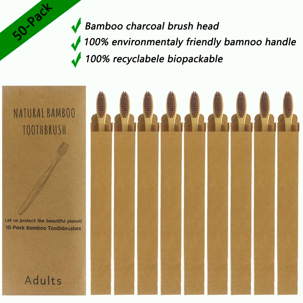 50/Pack Natural Bamboo Toothbrush Wood Toothbrushes Soft Bristles Capitellum Fiber Teeth brush Eco-Friendly Oral Care wholesale HIP 50Pcs Coffee