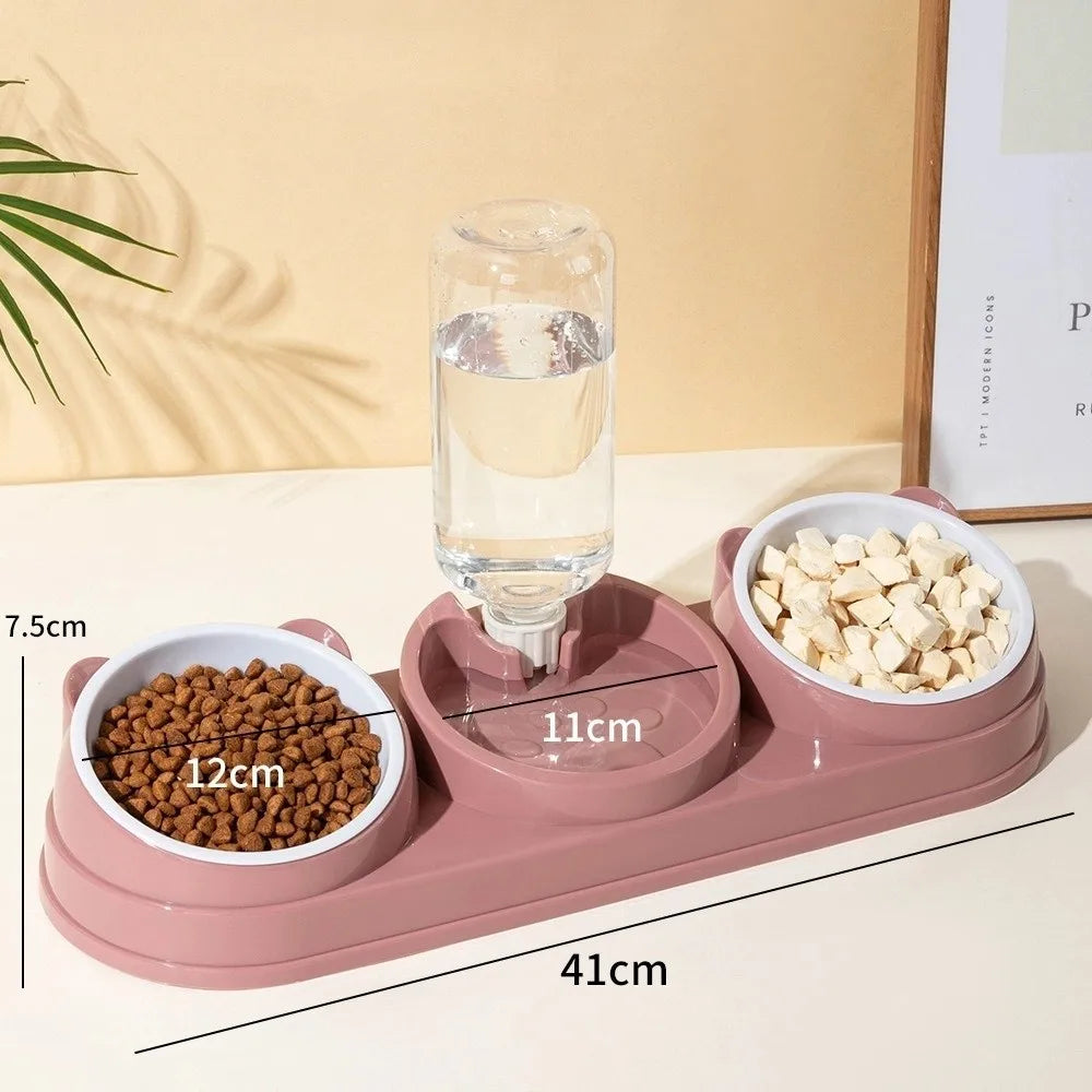 15° Raised 3-in-1 Cat & Dog Double Bowl Feeder + Water Dispenser Raised Pet Feeder HIP Pink