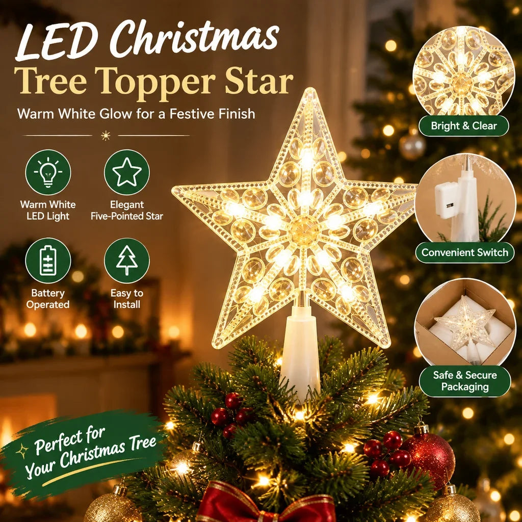 Transparent Five-Pointed Star LED Christmas Tree Topper Battery Operated Glowing Xmas Home Party Decor HIP