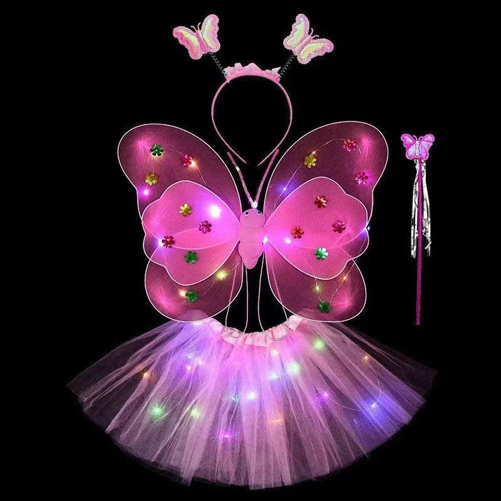 3/4Pcs/Set Double Layers Girls Led Flashing Light Fairy Butterfly Wing Wand Headband Costume Toy Gift Halloween Decoration HIP 4pcs Pink