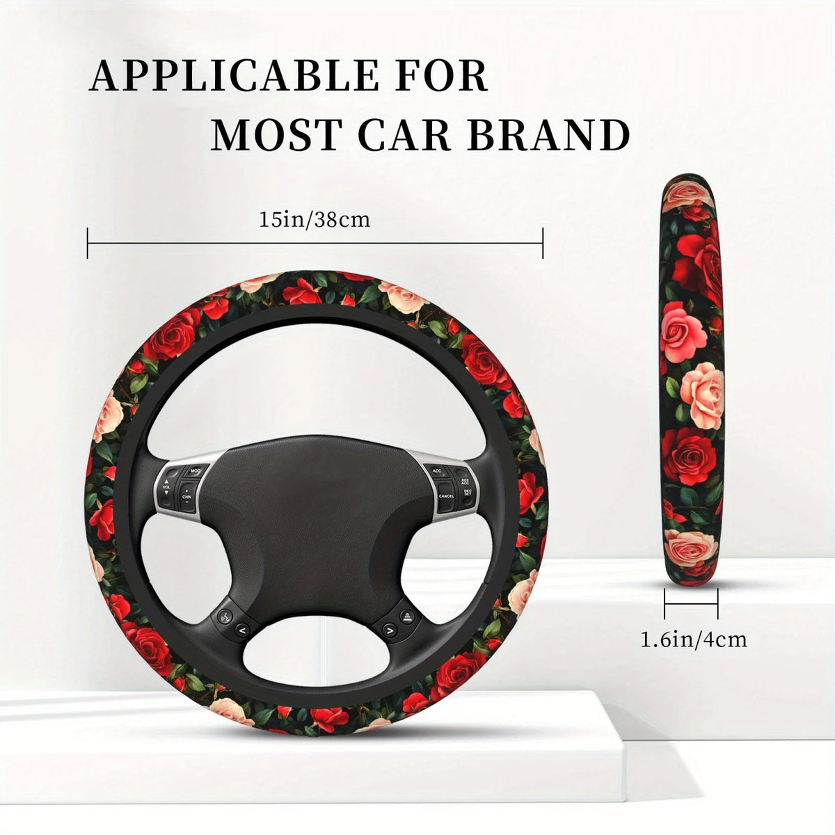 Neoprene Steering Wheel Cover 15 Inch – Red Rose + Cup Holders Steering Wheel Cover HIP