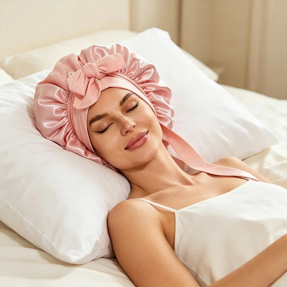 Universal Bathing Hair Head Cover Reusable Wide Brim Hair Protection Hat with Stretchy Tie Band Satin Sleeping Bonnet Shower Cap HIP