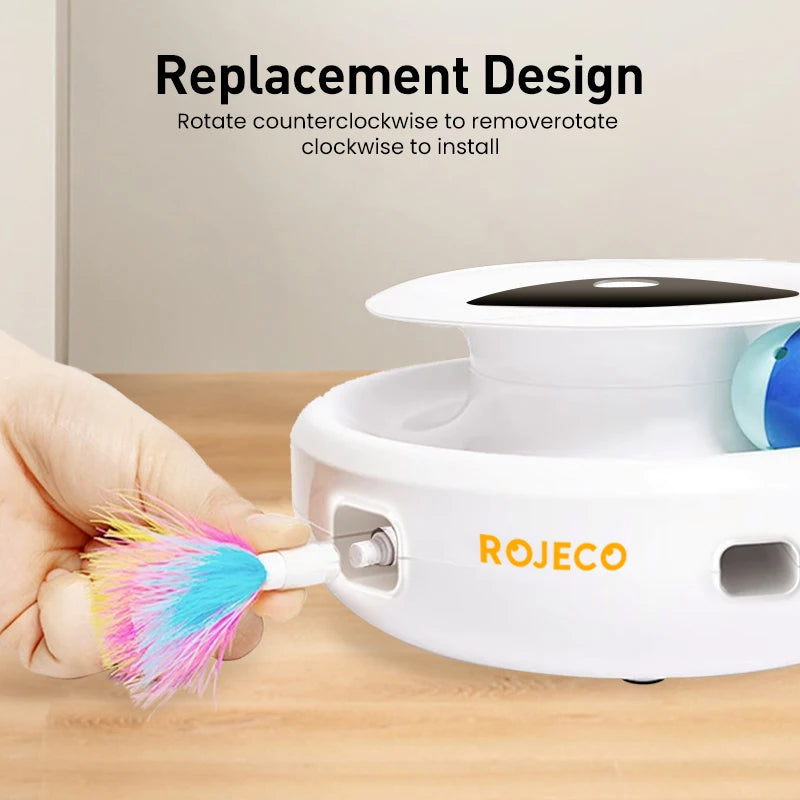 ROJECO 2 In 1 Interactive Electronic Pet Toys Smart Rolling Ball For Cats Rechargeable Feather Duster Cat Toys With Replacement HIP