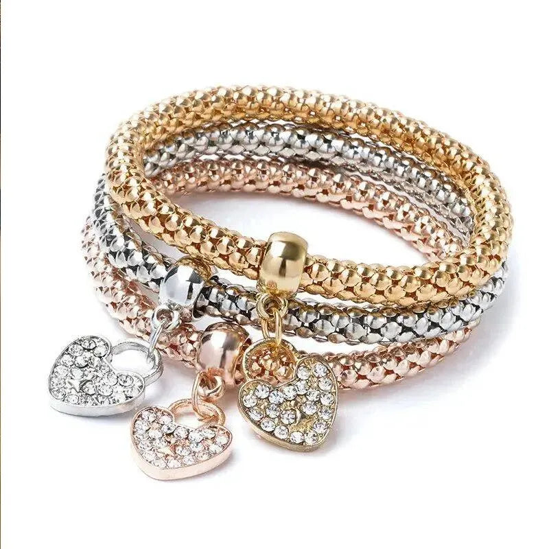 3 PCS Set Heart Lock Key Music Sign Charm Bracelet Owl Rose Gold Plating Silver Color Chain Owm Charm Bangle Jewelry Set HIP sku1