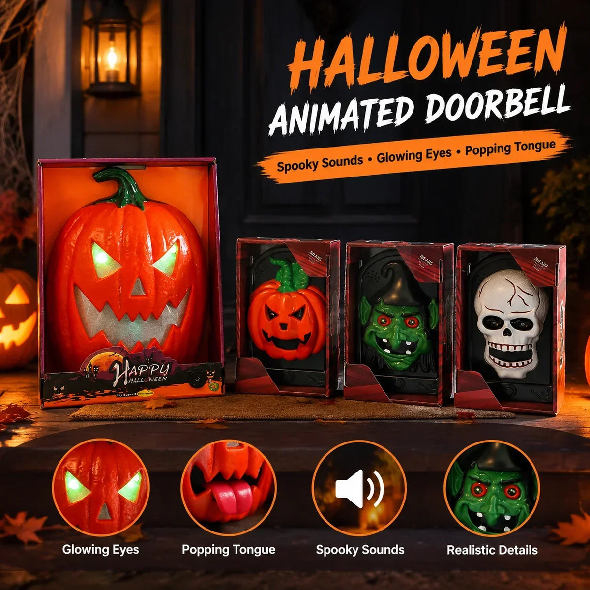 Funny Popping Tongue Glowing Eyes Doorbell Hanging Prop Haunted House Party Pumpkin Witch Skull Design Spooky Halloween Doorbell HIP