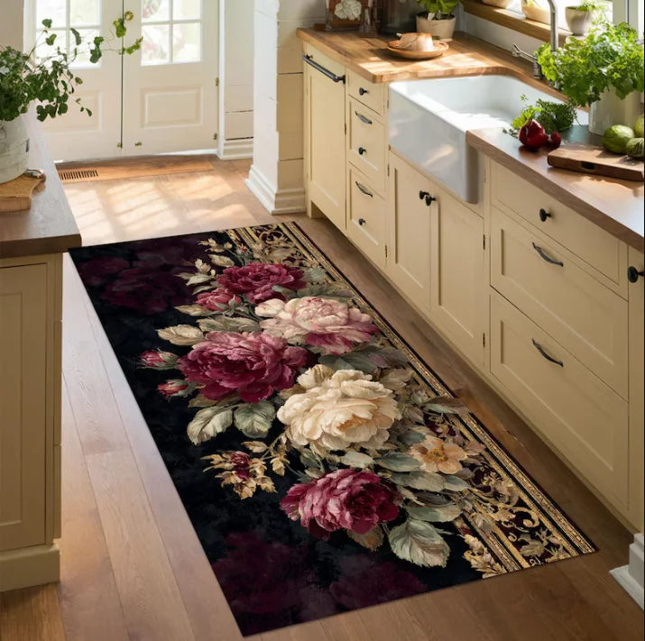 Vintage Peony Floral Runner Rug – Non-Slip Washable Mat Floral Runner Rug HIP