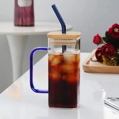 400ml Square Glass Mug with Lid & Straw – Microwave Safe Glass Mug with Lid HIP Blue Handle 400ml