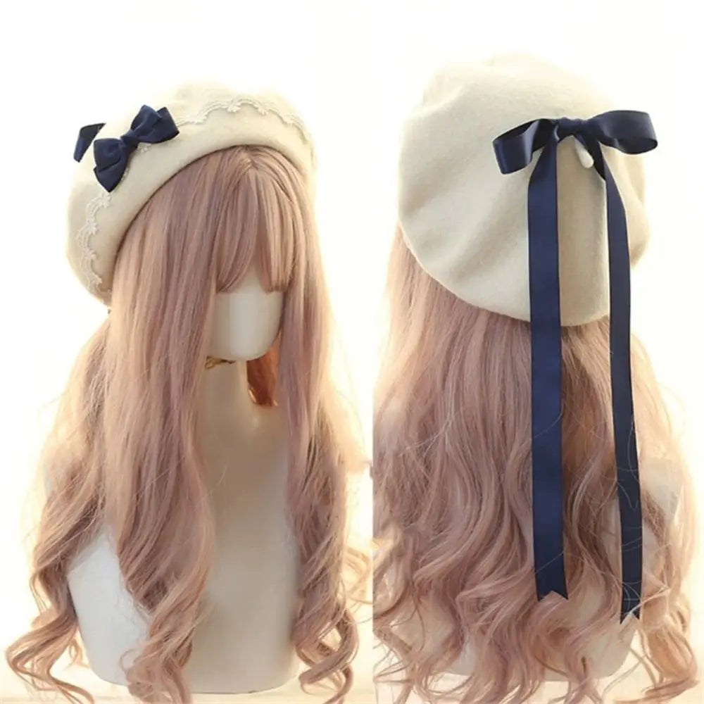 Japanese Lolita Wool Beret with Lace Bow – Winter Hat Winter Beret Hat HIP