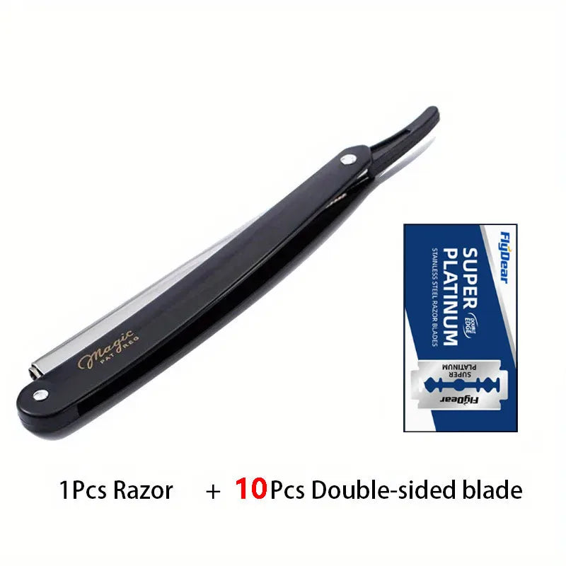 Men's Folding Straight Razor – Stainless Steel Barber Shaver Folding Straight Razor HIP C633-Black 10 blade