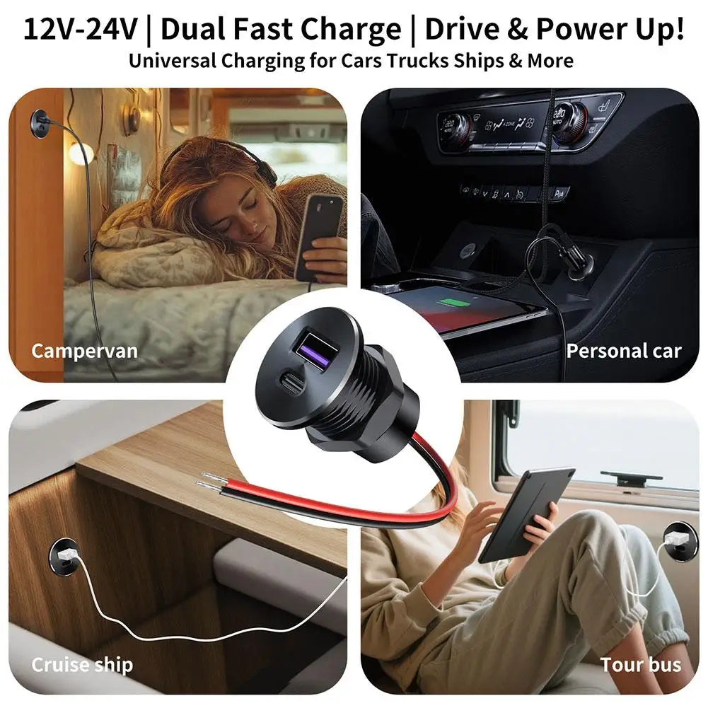 12V/24V RV USB Outlet All-Aluminum 30W PD3.0 & 18W QC3.0 Fast Charger Ports for RV Camper Trailer Truck Boat Golf HIP