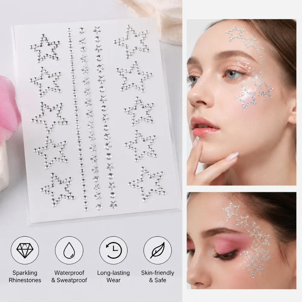 5D Clear Star Self Adhesive Face Gem Stickers Temporary Tattoo Shiny Hollow Star Hair/Face/Body Gems Jewels Craft DIY Decoration HIP