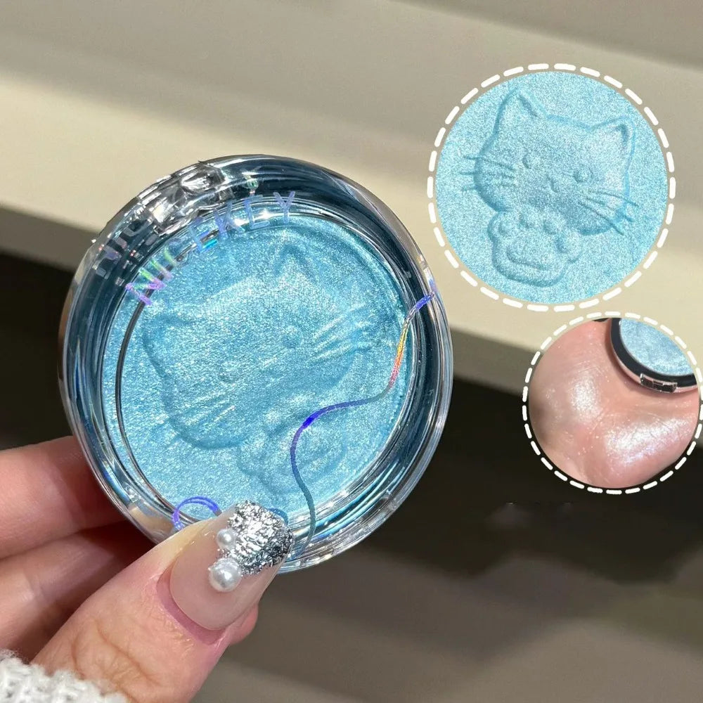 Cat Embossed Highlighter Powder Fine Shimmer Smooth Blue Pearlescent Glow Brightening Non-flying Highgloss Makeup Cosmetics HIP
