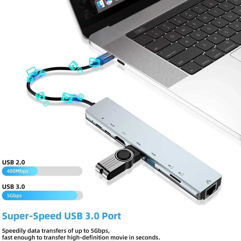 KEBIDUMEI 8-in-1 USB-C Hub – 4K HDMI, RJ45, PD 100W Dock USB-C Docking Station HIP